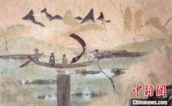 “一人搖櫓晃扁舟，兩人撐篙水上漂?！眻D為莫高窟第323窟《搖櫓帆船》（初唐）?！《鼗脱芯吭汗﹫D