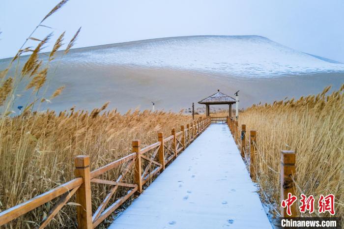 2021年11月28日，在敦煌鳴沙山月牙泉景區(qū)，沙雪交融，更顯北國風(fēng)情?！⊥醣筱y 攝